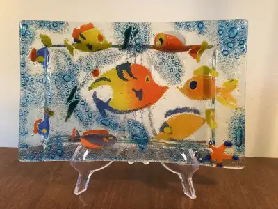 Fused Art Glass Tray Platter with Swimming Fish, View more