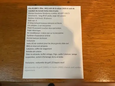 La roulotte est située aux abords du lac Aylmer Roulotte largeur :102 po. Hauteur interieur 96 po, s...