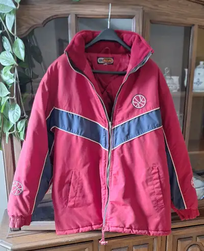 Men's red with blue stripe winter coat, View more