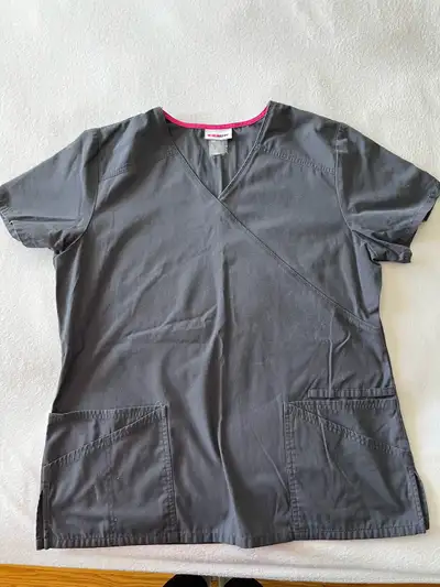 Nursing scrubs. Light grey, mismatched brands. Top is from Scrub Star, size Medium, bottoms are from...