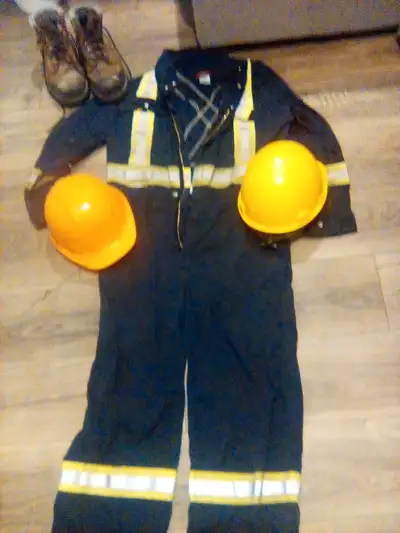 Work gear Coveralls and Hardhats and boots, View more