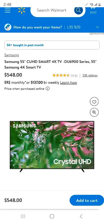 55" SAMSUNG (2024) 4K CRYSTAL UHD SMART TV $399.99, View more