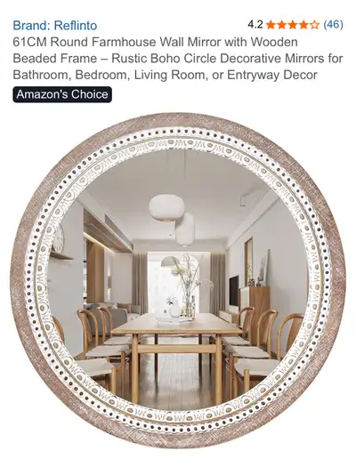 61CM Round Farmhouse Wall Mirror with Wooden Beaded Frame, View more
