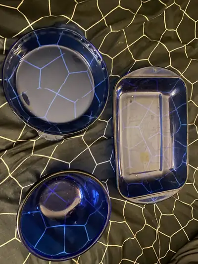 3 Blue Pyrex Dishes, View more