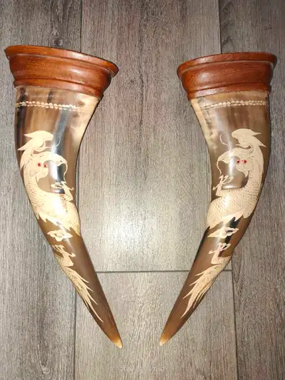 Very fine pair of hand carved water buffalo horns, View more