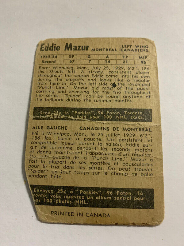 1954-55 Parkhurst Hockey Card #4 Eddie Mazur Montreal Canadiens dans Art et objets de collection  à Longueuil/Rive Sud - Image 2