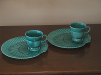Vintage Wedgwood Green Glaze Scallop Snack Plates & Cups 1950's