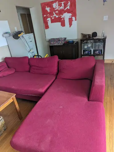 Cozy Two-Piece red sectional sofa in L shape. Pick up only. Light and easy to move. $100 obo Length:...