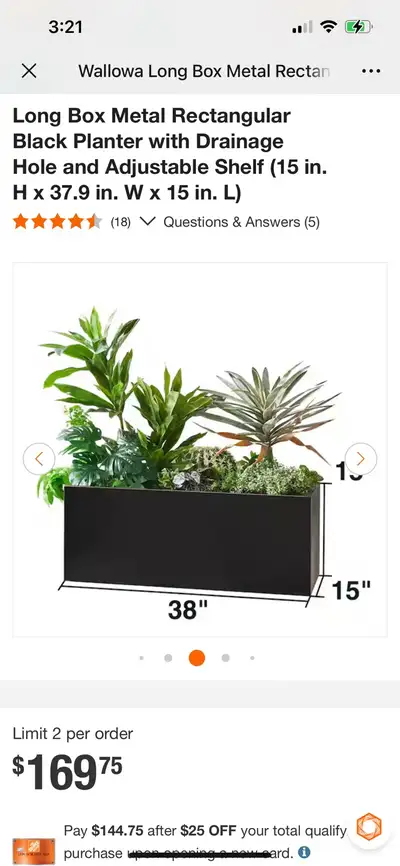 Metal Long Box Rectangular Black Planter with Drainage Hole, View more