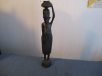 VINTAGE EBONY WOOD STATUE-LADY WITH BASKET-TANZANIA-HAND CARVED!