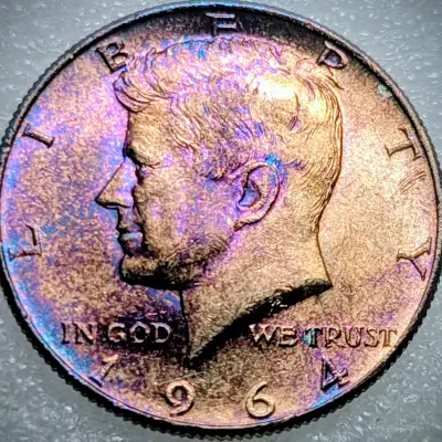 Unique Silver John F Kennedy silver 50 cents. Blue, copper toning . Excellent rim. Nice as a collect...
