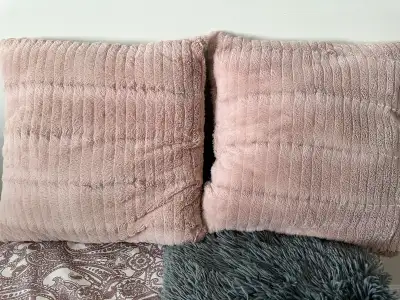 2 pink pillows still in great shape perfect for any home decor . Measures 19” square. Pick up in SW...