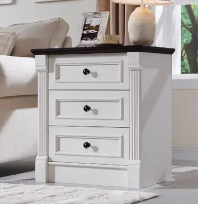 New in Box Farmhouse Style 3-Drawer Nightstand, White, View more
