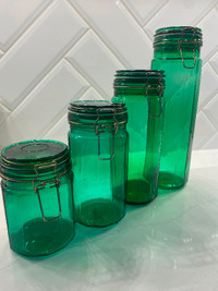Emerald Green Vintage  Kitchen Canisters Glass Storage Jars 4 pc