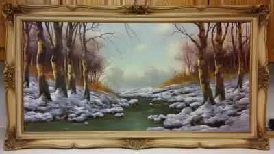 Gorgeous antique listed artist Bella Gabris winter oil painting, View more