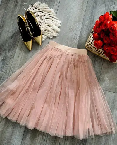 Hand Crafted Nude Pink Luxe Tulle Midi Skirt , View more