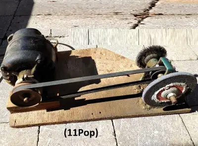 Vintage Belt Driven Workbench Grinder - Cast Iron Base, 0.25 HP, View more