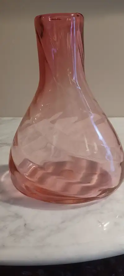 Modern Hand-blown Cranberry Pink Swirled Art Glass Vase, View more