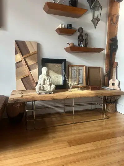 VINTAGE RECLAIMED WOOD BRASS COFFEE TABLE ENTERTAINMENT UNIT, View more