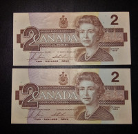 1986 Canadian 2 Dollar Banknotes with Sequential Serials