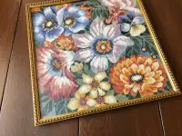 Beautiful Needlepoint Flower Floral Gold Glass Framed Art Pictur