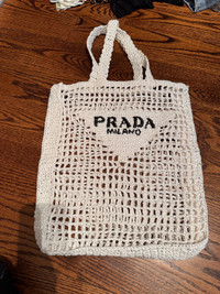 Prada crochet handbag tote beach bag white 