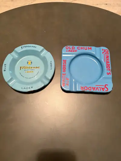 2 vintage porcelain beer advertising ashtrays in very nice condition. $35 each or both for $60.