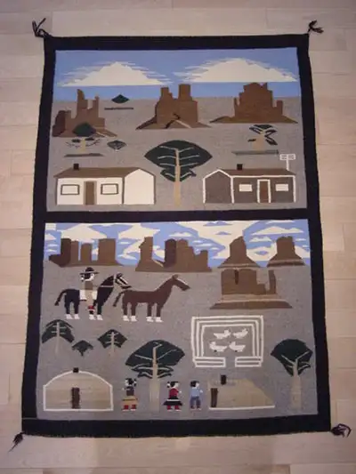 Vintage Wool NAVAJO Pictorial RUG Weaving LIFESTYLE E. Begay 1980 Sheep Horse Great vintage hand wov...
