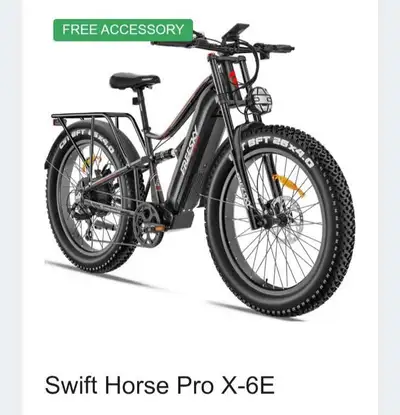 New, still in box, Swift Horse by Free Sky. Comes with a helmet. 1000W 48V 25AH Battery 35MPH top sp...