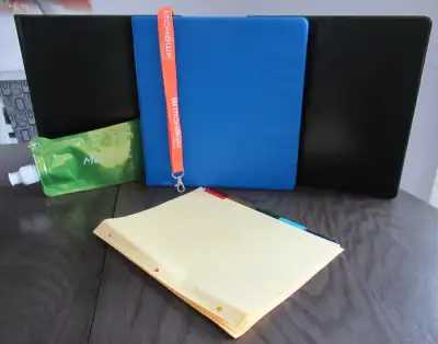 , . PRICE FOR EVERYTHING . . Two 1 1/2" Binders, 1" Staples Binder, Dividers, (Mohawk Lanyard & Wate...