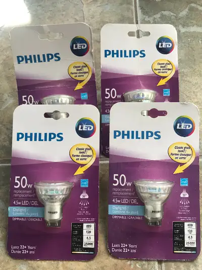 4 Phillips LED GU10 50W Dimmable Replacement Bulbs, View more