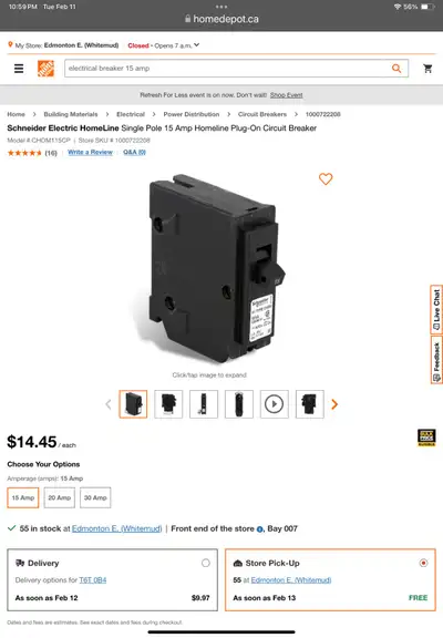 Schneider Electric HomeLine Single Pole 15 Amp Homeline Plug-On Circuit Breaker I have 20 new at 5$...