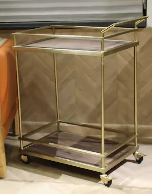 Rolling Bar Cart: Antique Gold Metal Frame w/Wood accent Shelves in Other in City of Toronto - Image 9