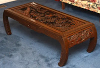 Oriental carved vintage solid teak coffee table with glass top