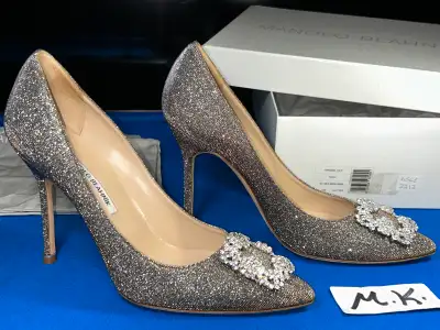 Manolo Blahnik Hangisi Jeweled Glittered Gold Pumps Size 10, View more