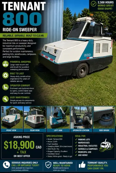 Tennant 800 Industrial Street Sweeper – 2500 Hours – Gas Price: $22000 CAD OBO (see pricing notes be...