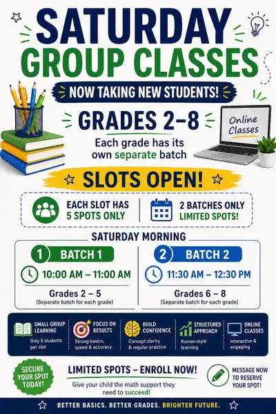  Saturday Math Classes (Grades 2–8) | Small Groups (5 Students), View more