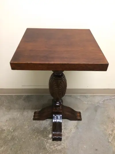 Oak square top pedestal table Carved post, tripod feet If Ad is online, item is still for sale... Ca...