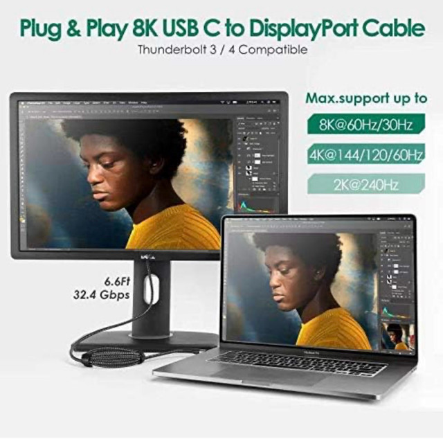 new USB C to DisplayPort 1.4 Cable, Answin 6FT 8K (4K@60Hz/144Hz in Other in Markham / York Region - Image 2