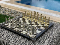 NEW Decorative Egyptian Chess Set - Metal Pieces - Marble . .