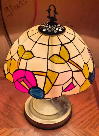 Cute faux stained glass brass based lamp, View more