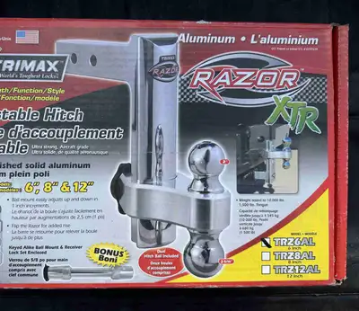 Brand new in box. A thing of beauty. Solid Aluminum. Both 2” and 2 5/16” balls. Adjustable channel m...