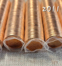 5 rouleaux, lot de pièces canadiennes. 1 cent 2011 magnétiques.