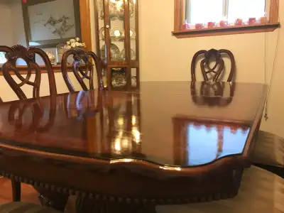 High end mahogany solid wood dining table with 6 chairs., View more