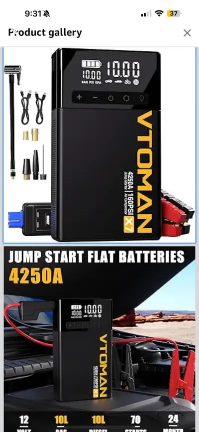 VTOMAN X7 Jump Starter with Air Compressor, 4250A Portable Car Jumper with 160PSI Digital Tire Infla...