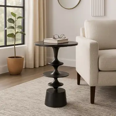 Sculptural Accent Side Table With Polished Marble Top And Curved Base - Distinctive Narrow End Table...