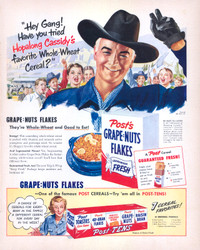 1950 large magazine ad for Grape Nuts Flakes, Hopalong Cassidy