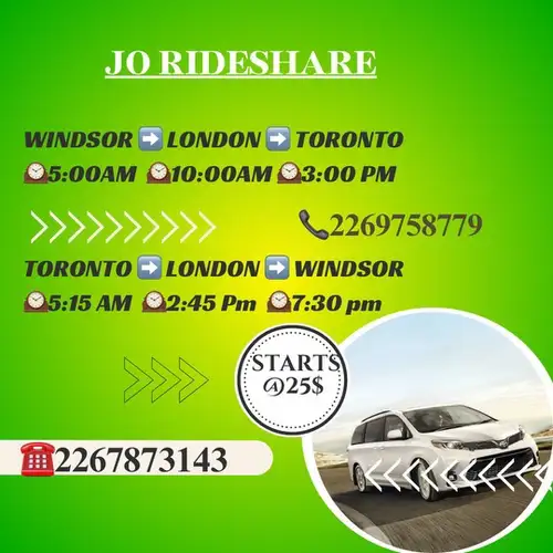 9:30 AM, 3 PM & 7:30 PM FROM TORONTO TO WINDSOR DAILY RIDESHARE 