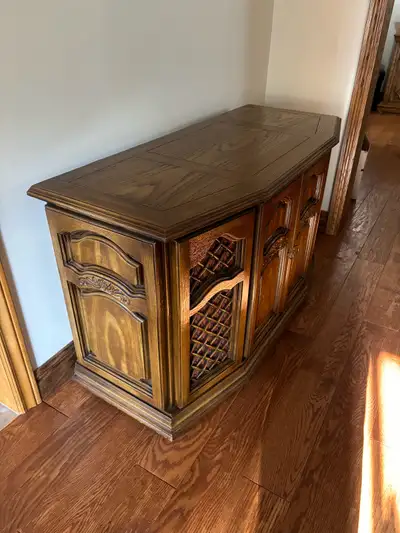 Vntage floor model stereo with turntable, retro AM FM stereo, 8 track tape and cassette player with...