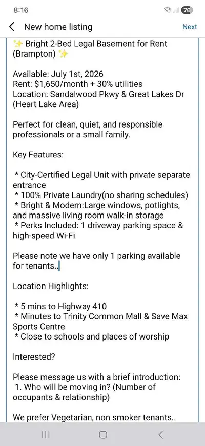 ✨ Bright 2-Bed Legal Basement for Rent (Brampton) ✨ Available: July 1st, 2026 Rent: $1,650/month + 3...
